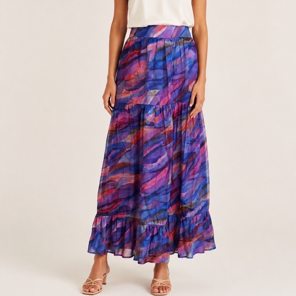 Self Contrast Purple Blue Abstract Watercolor Tiered Maxi Skirt XS Pockets